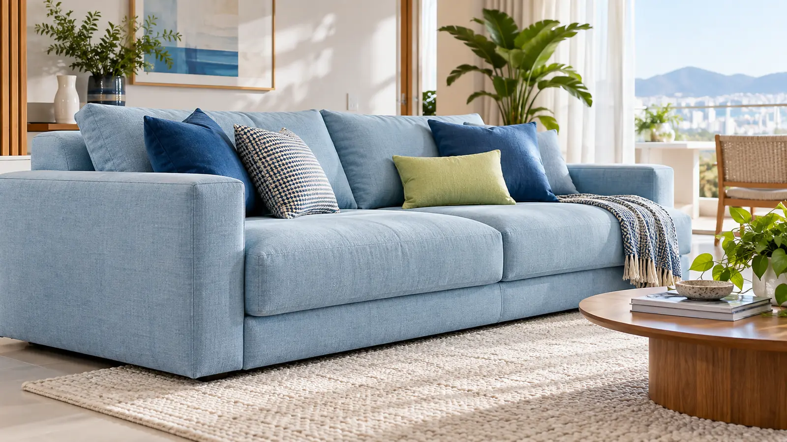 Sala clara com sofá de tecido azul limpo